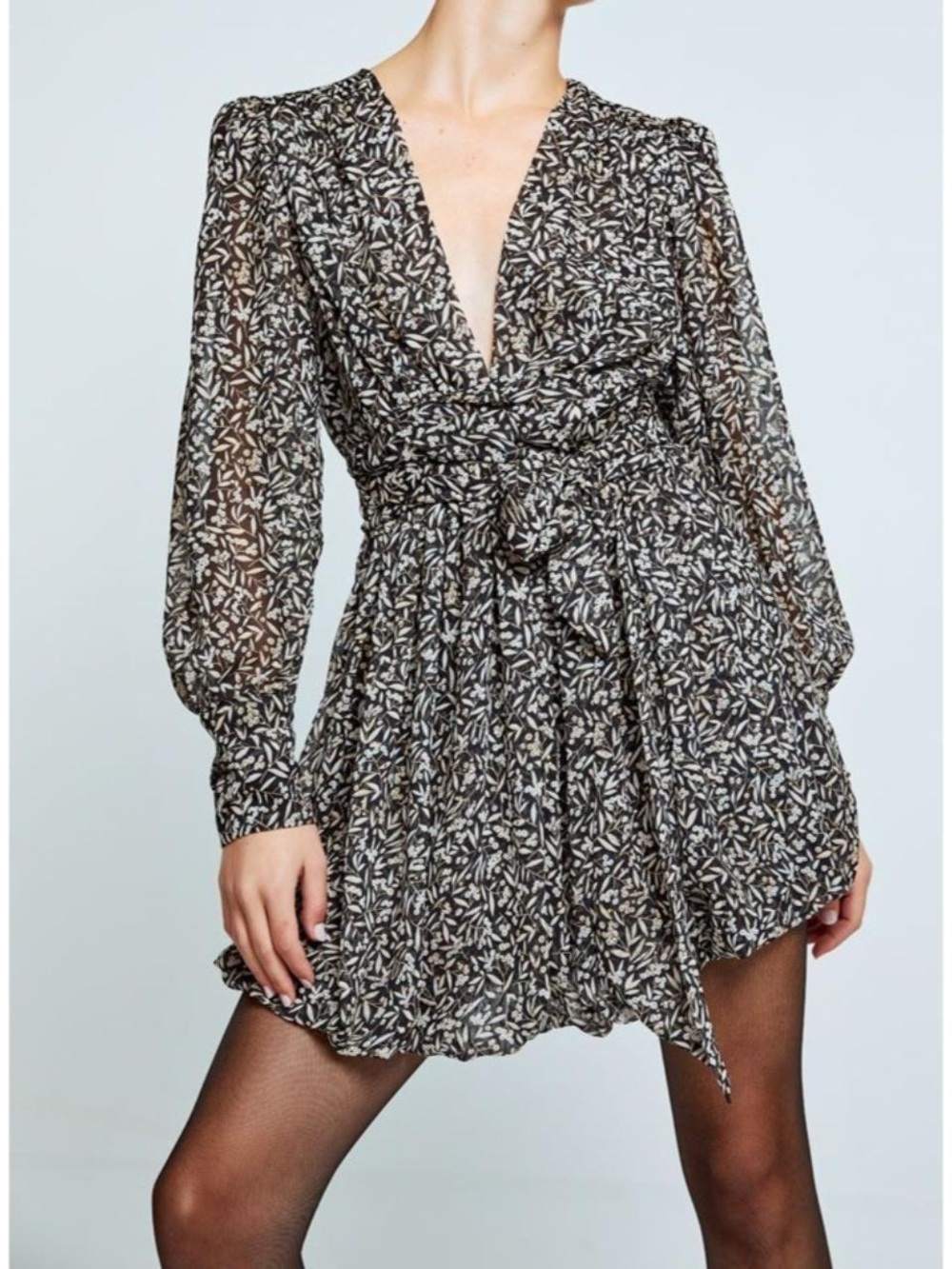 Sabina Musayev. Mini Printed Chiffon Dress. Black/Beige. Size Medium.